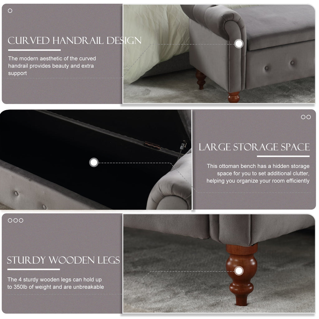 Gray Velvet Upholstered Storage Bench with Arms Y419