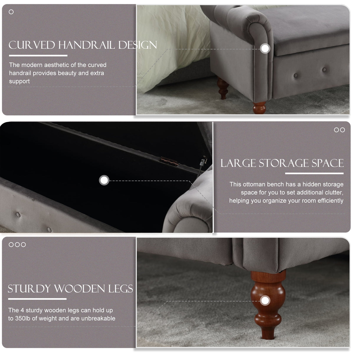 Gray Velvet Upholstered Storage Bench with Arms Y419