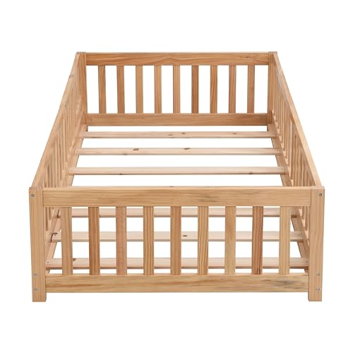 Gray Solid Wood Twin Size Floor Bed with Rails and Slats E396157