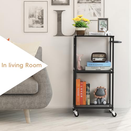 3 Tier Mesh Utility Storage Cart with Wood Look Top and Metal Frame W57149