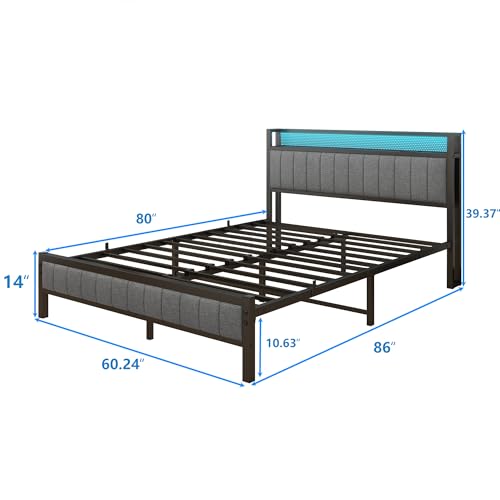 Gray Queen Size Metal Platform Bed Frame with Storage Headboard H88851