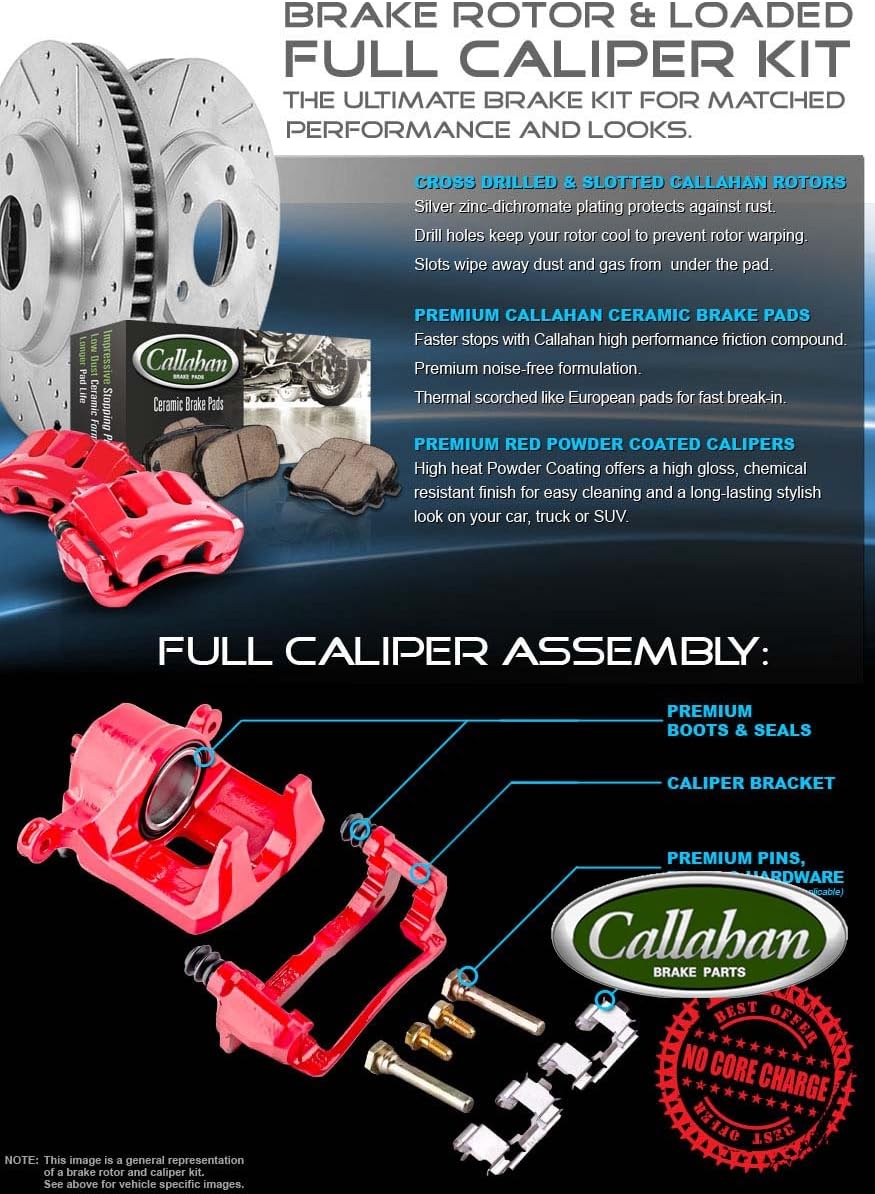 Powder Coated Red Calipers with Drilled Slotted Rotors and Ceramic Brake Pads E9761