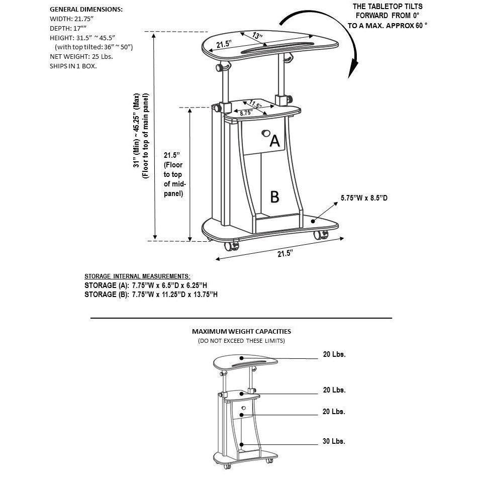 Rolling Adjustable Laptop Cart with Storage Black J8335