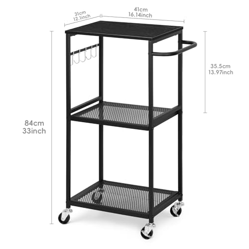 3 Tier Mesh Utility Storage Cart with Wood Look Top and Metal Frame W57149