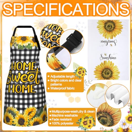 13 Pcs Bee Sunflower Kitchen Decor Set with Wooden Spoons, Kitchen Towels, Apron, Oven Mitts, Pot Holders L9778