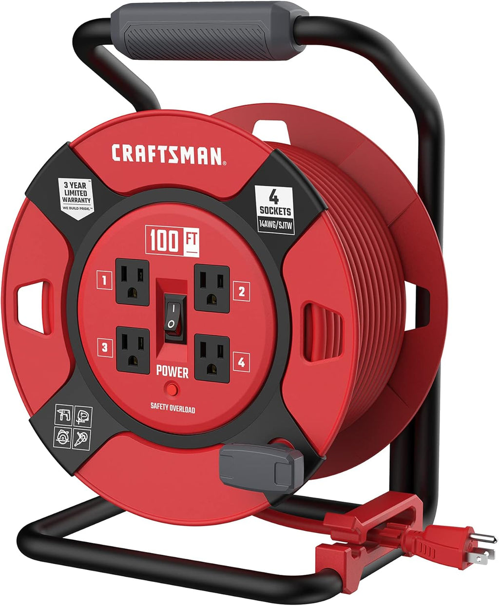 Heavy Duty Retractable Extension Cord, 100 feet with 4 Outlets Q491948
