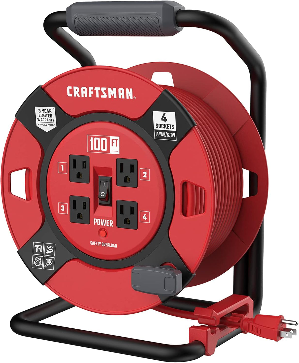 Heavy Duty Retractable Extension Cord, 100 feet with 4 Outlets Q491948