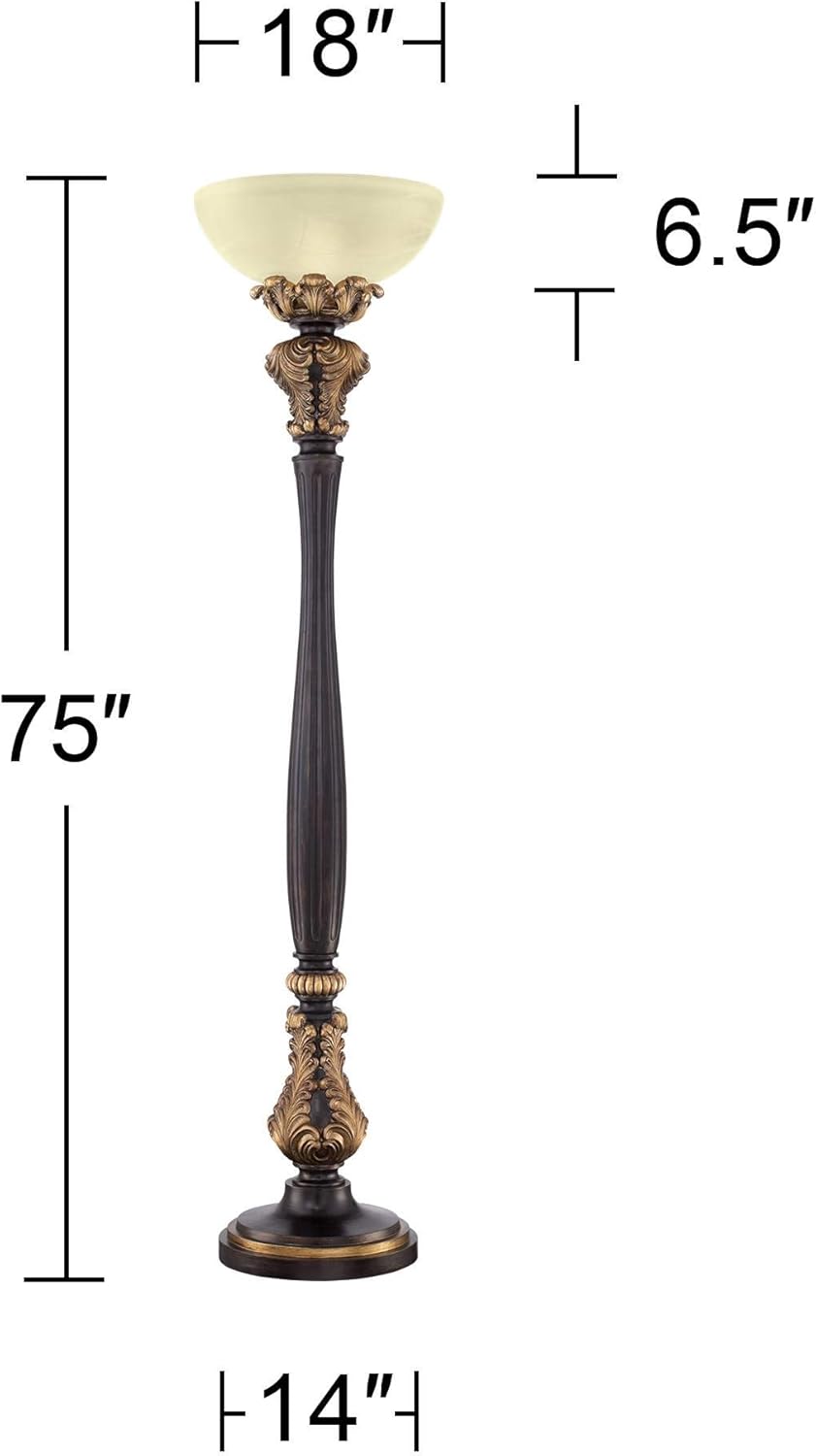 Tall Carved Wood Amber Glass Torchiere Floor Lamp V635
