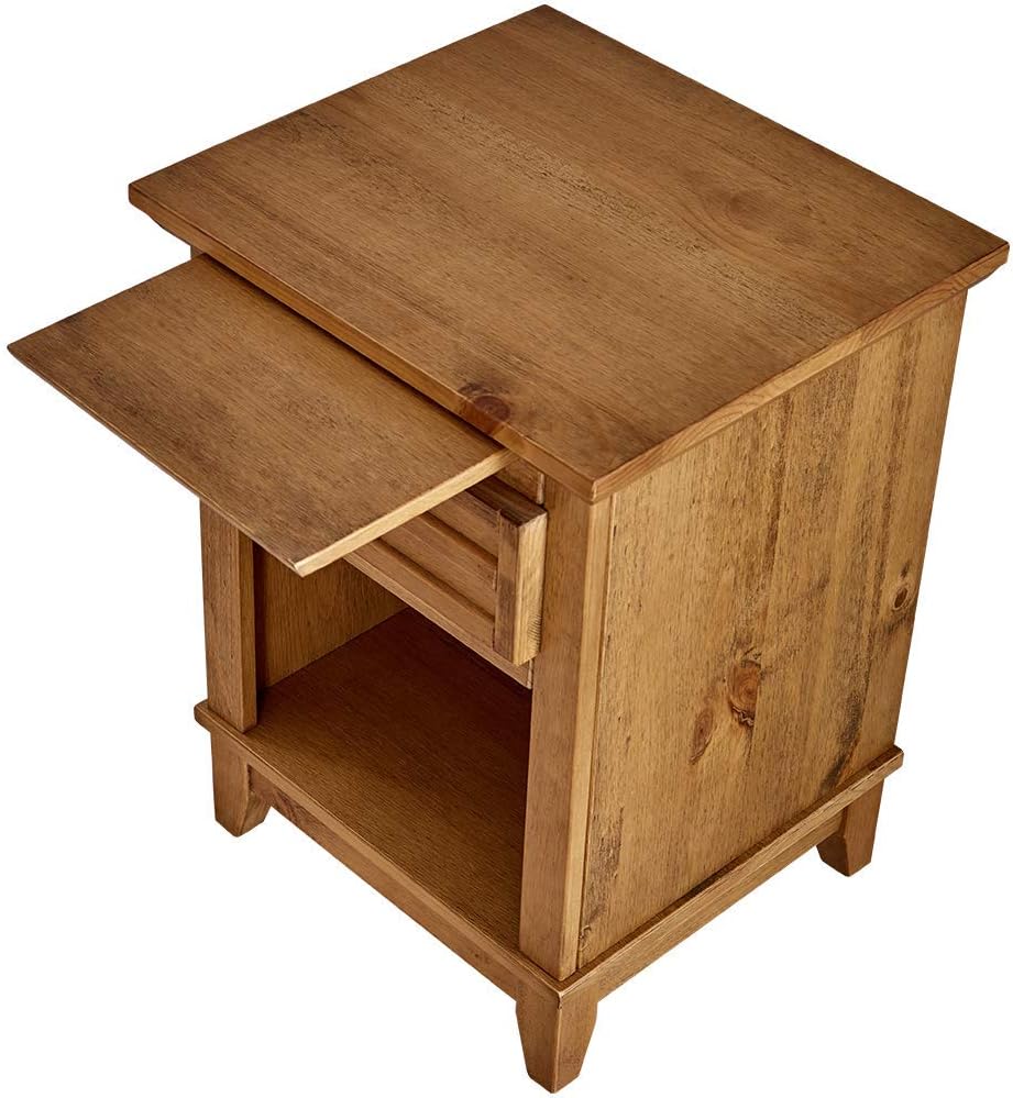 Teak Finish Wood Nightstand with Drawer and Pull-Out Tray K47367