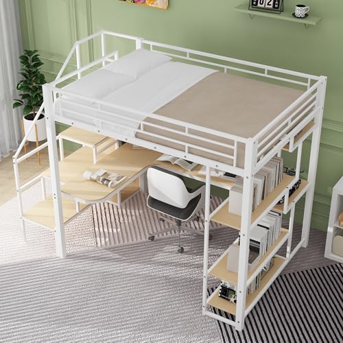 Black Full Size Metal Loft Bed with Storage Staircase and Wardrobe H329079