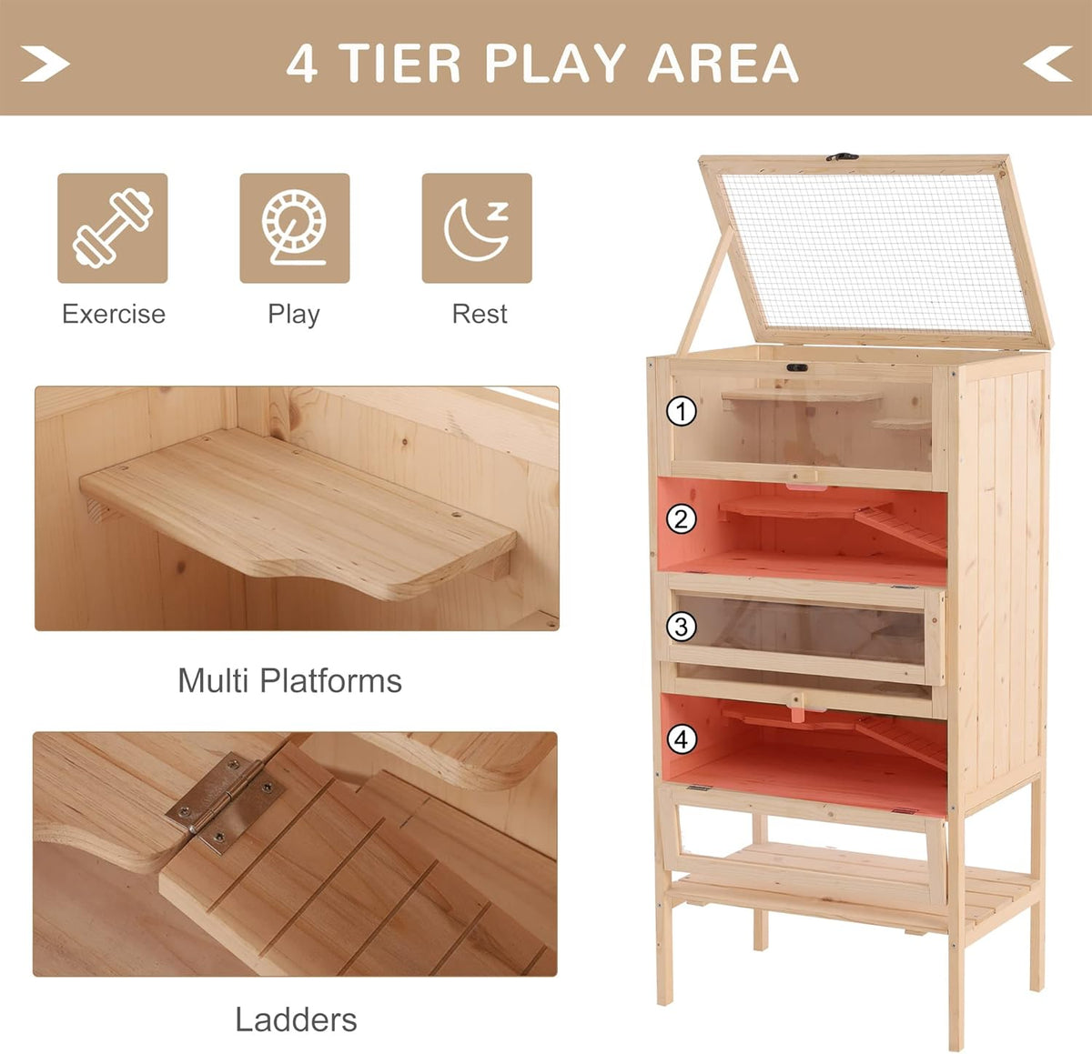 5-Tier Wooden Hamster Cage with Openable Top and Front Door Q3533