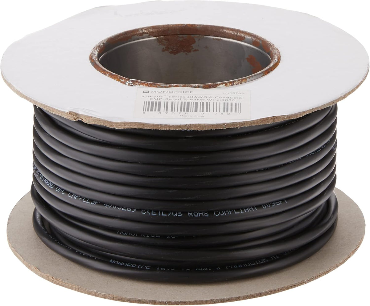 18 AWG 4 Conductor CMP-Rated Speaker Wire/Cable - 100 Feet UL Plenum Rated, 100% Pure Bare Copper with Color Coded Conductors E763