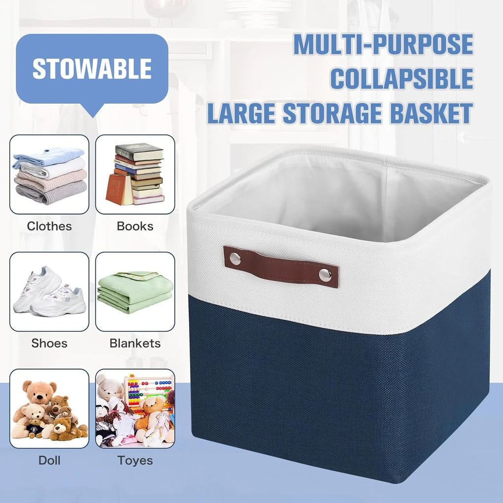 11x11 inch Foldable Cube Storage Bins with Leather Handles (White/ Blue) I78240