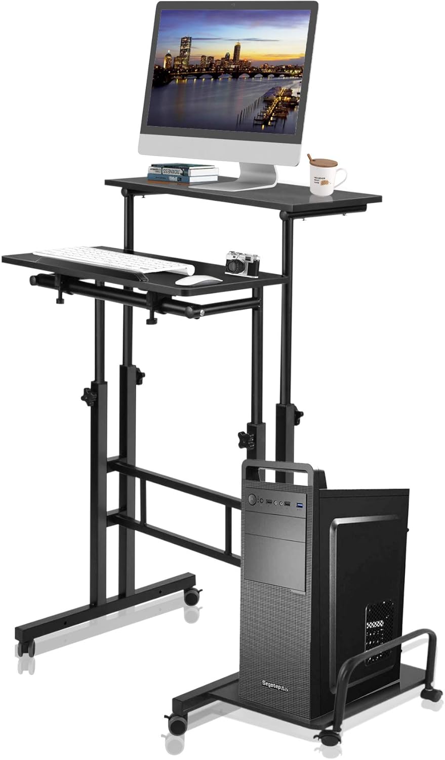 Black Height Adjustable Mobile Standing Desk with Storage Shelf L140210