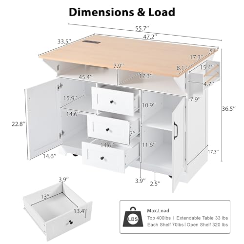 55.7'' Rolling Kitchen Island with 2 Drop Leaves and 3 Drawers M573209