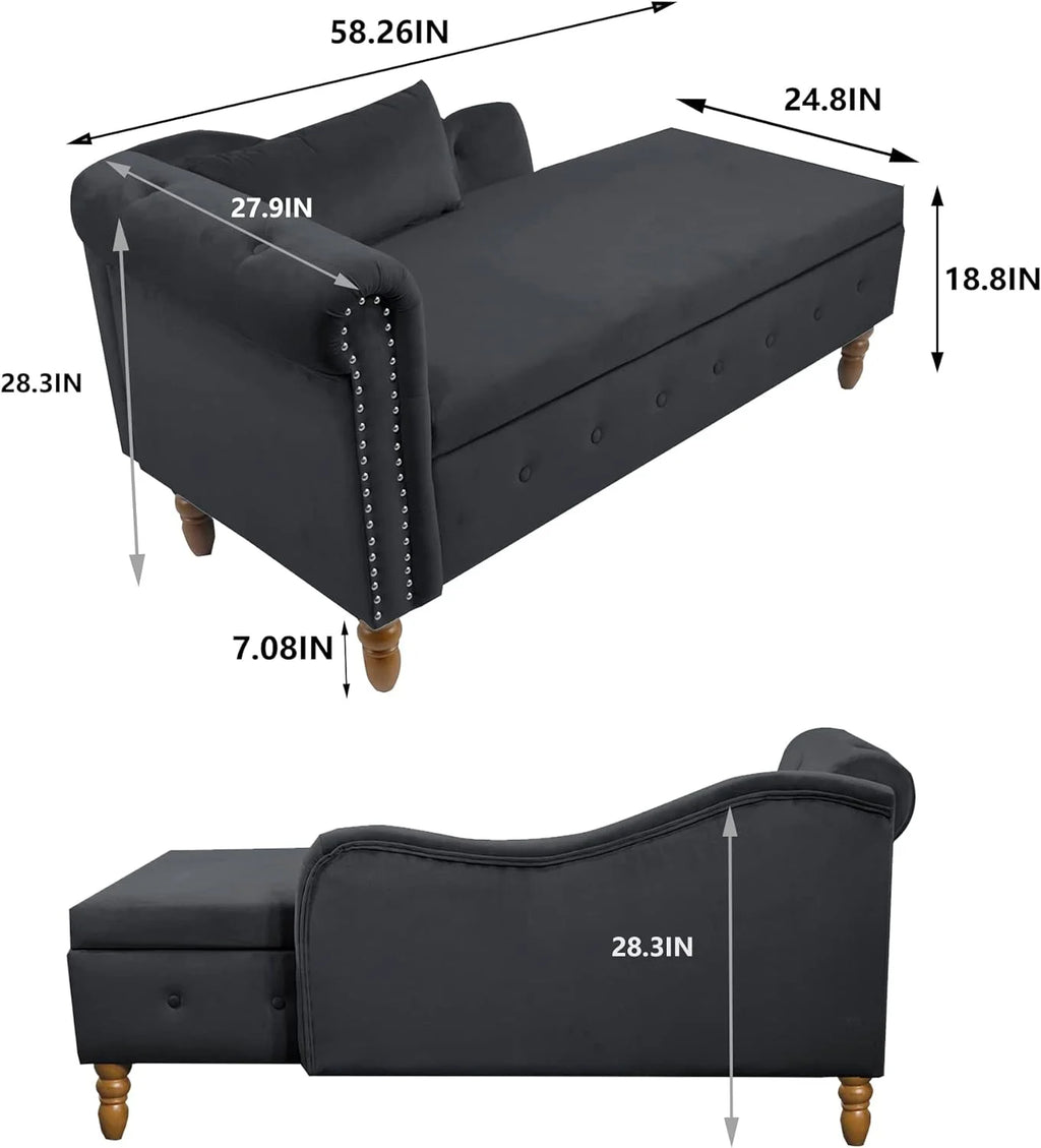 Black Velvet Chaise Lounge Chair with Storage & Pillow Y4743
