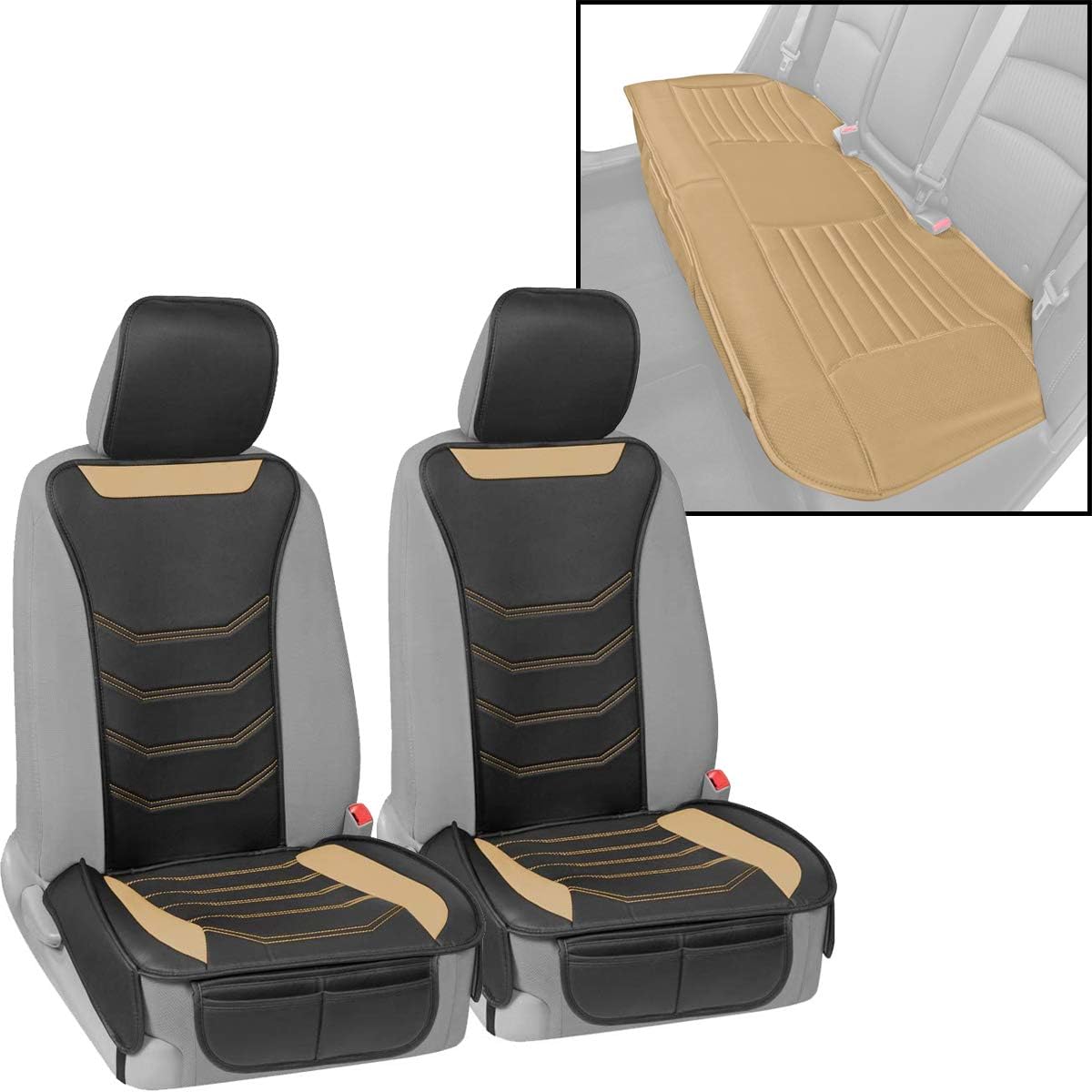 Beige Faux Leather Full Set Car Seat Covers with Rear Bench N273856