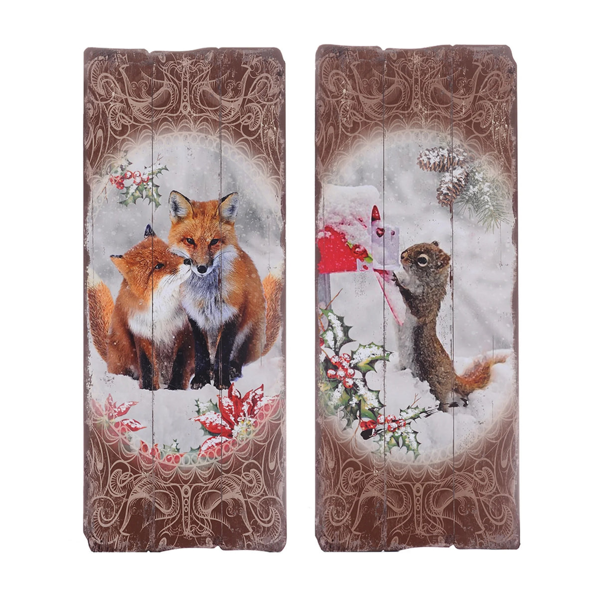 Winter Fox and Squirrel Plaques 23.5" Brown and Orange 2ct H9878