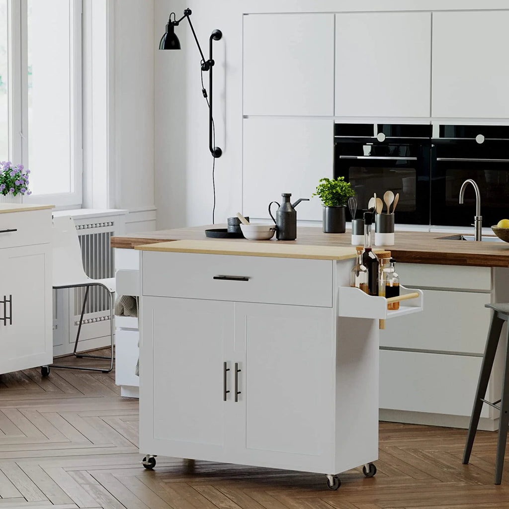 White Rolling Kitchen Island with Storage Cabinet M720