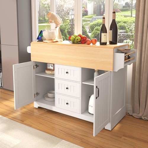 55.7'' Rolling Kitchen Island with 2 Drop Leaves and 3 Drawers M573209