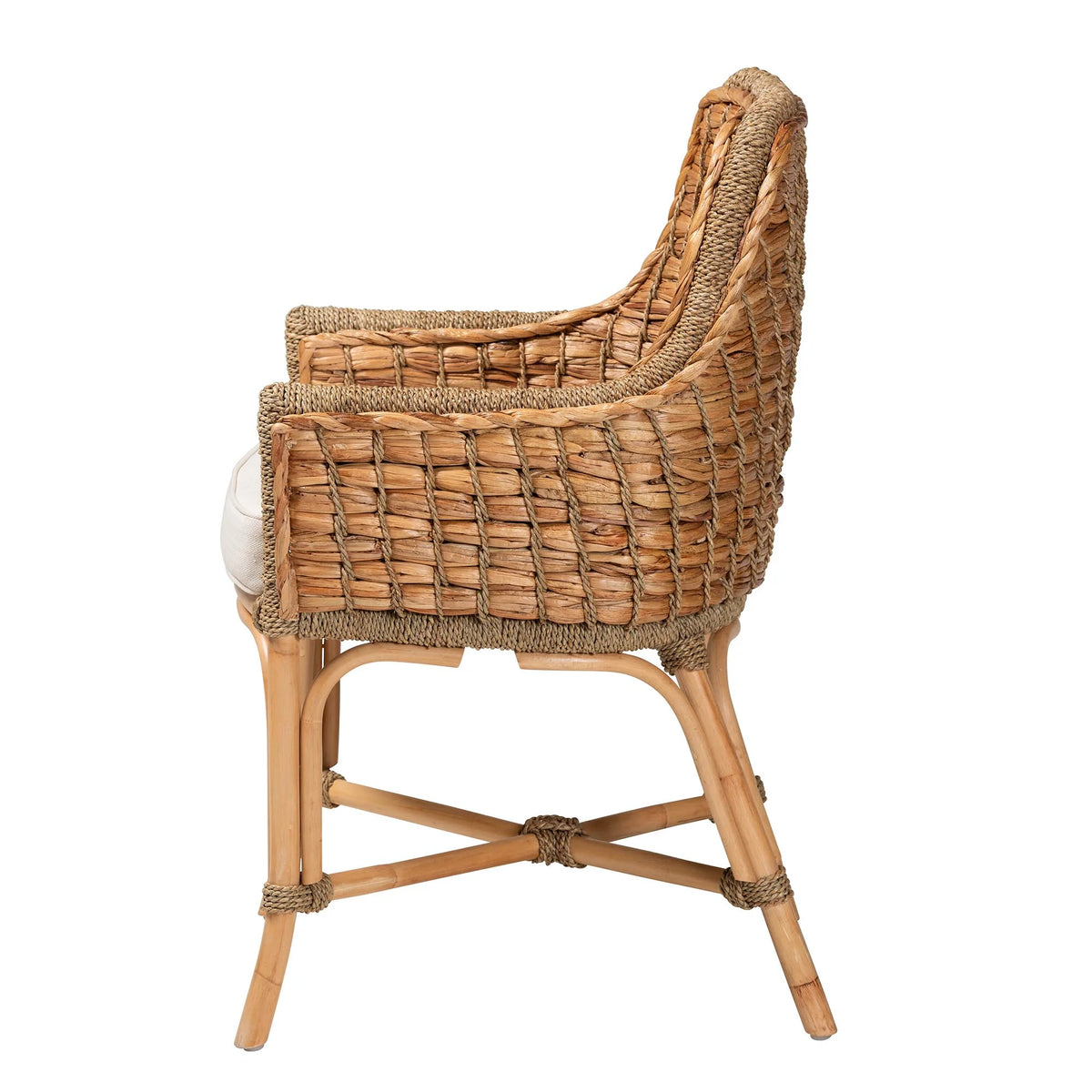 Natural Brown Woven Rattan Dining Arm Chair with Cushion U544633