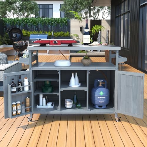 Solid Wood Grill Table with Stainless Steel Top and Internal Storage Racks S812103