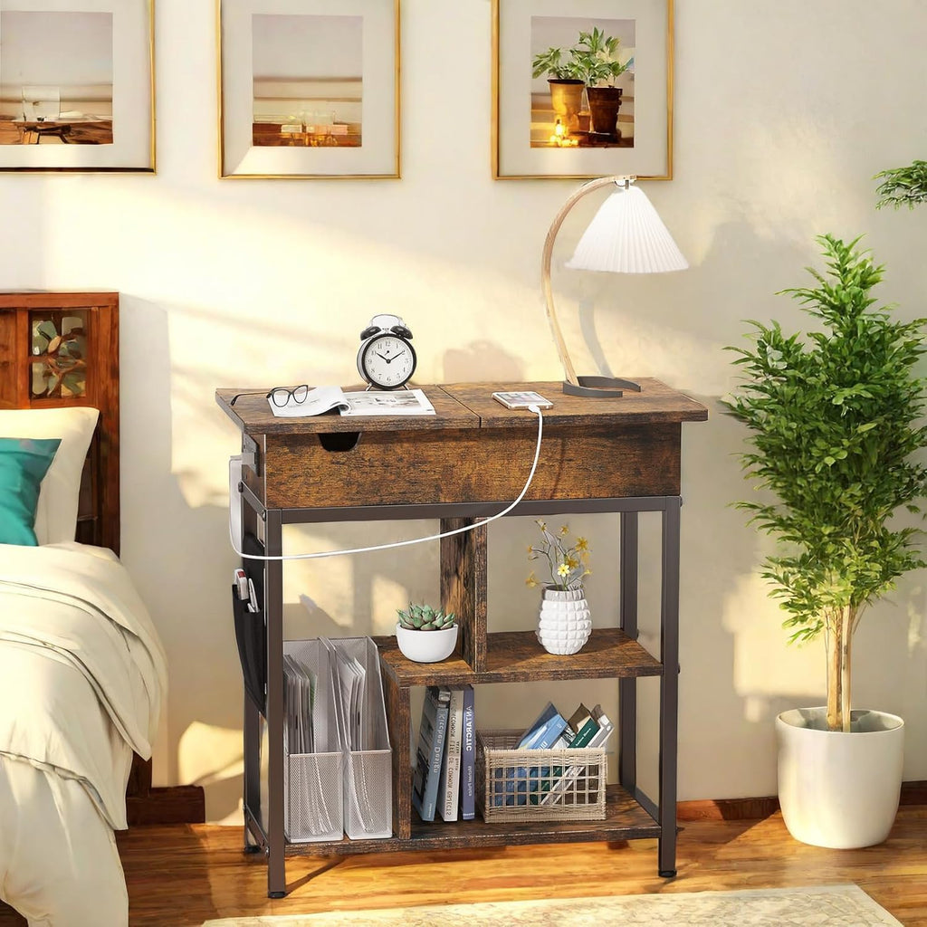 Side Table with Charging Station, Flip Top End Table with USB Ports and Outlets E25101