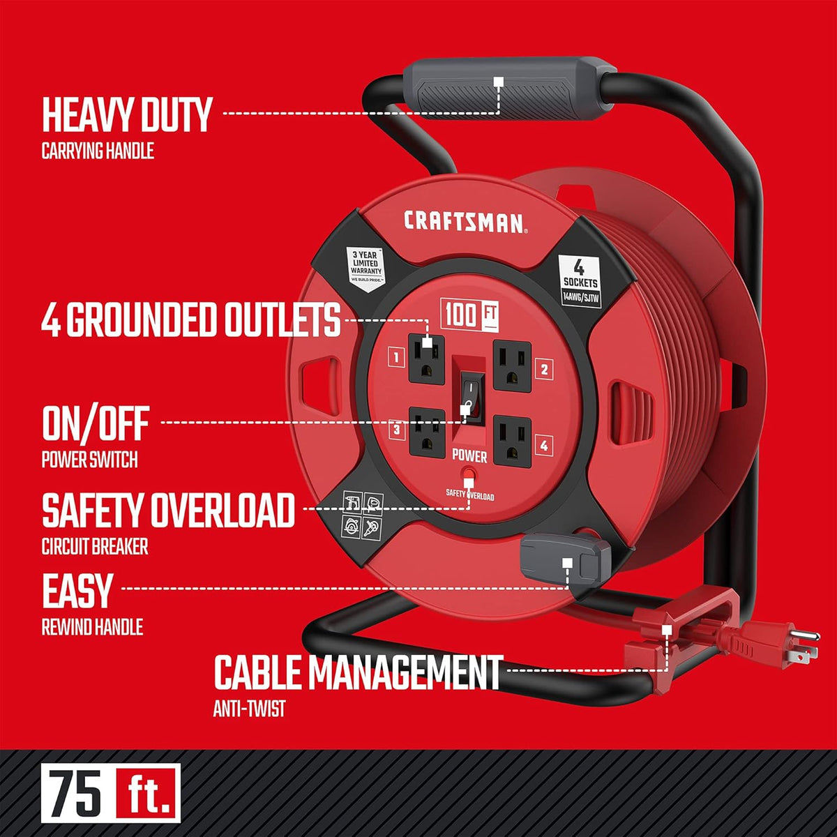 Heavy Duty Retractable Extension Cord, 100 feet with 4 Outlets Q491948