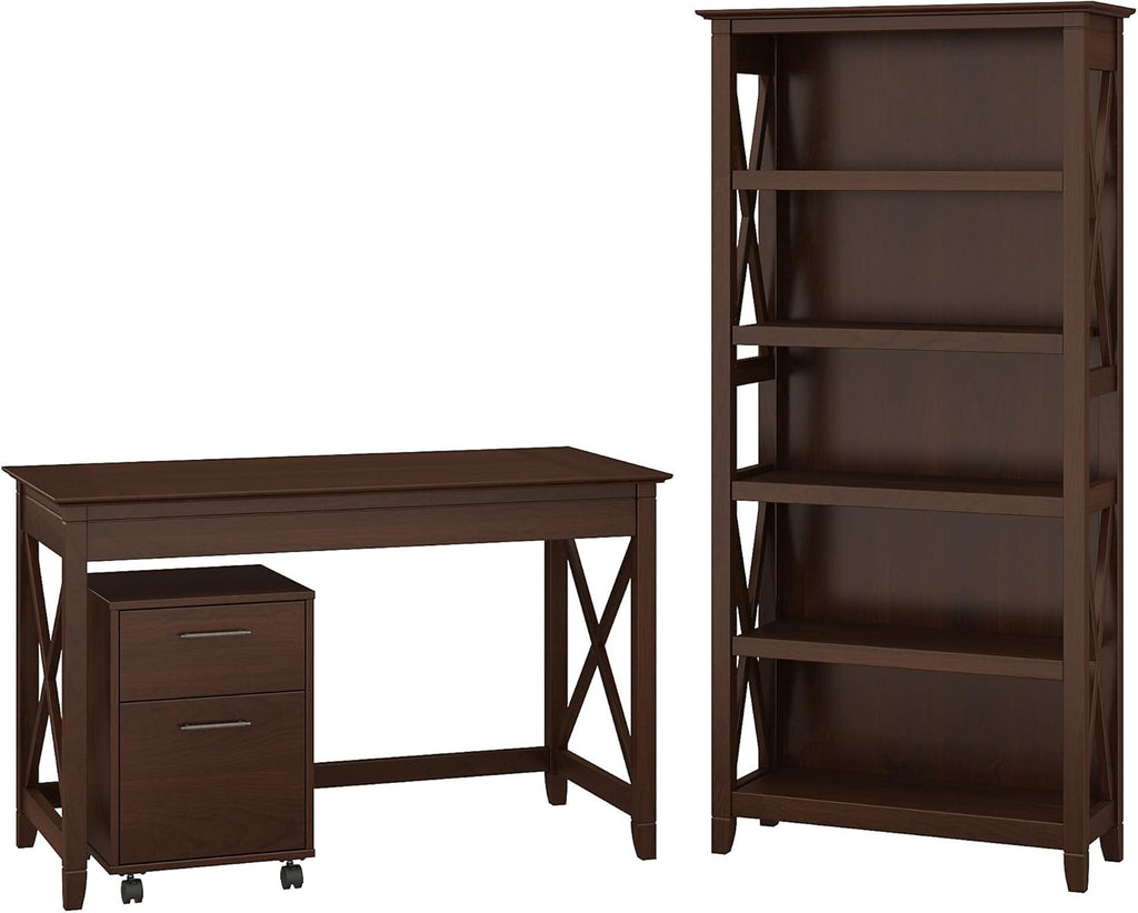 54W Computer Desk with Storage, 2 Drawer Mobile File Cabinet and 5 Shelf Bookcase in Bing Cherry V746584
