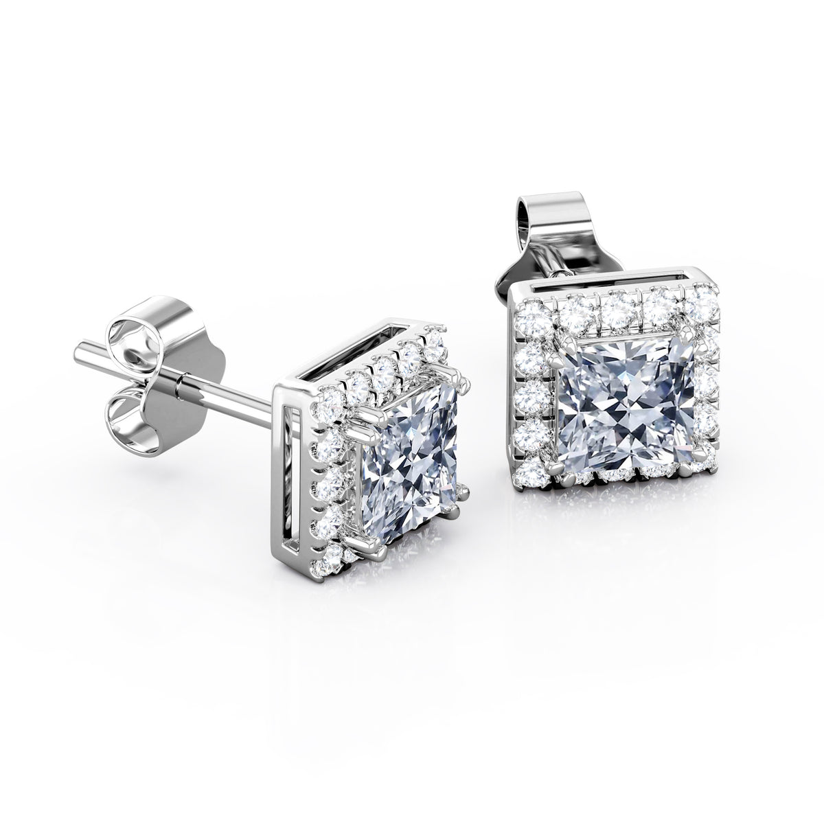 Double Prong 0.43 Carat Princess Cut Diamond Halo Stud Earrings in 10K White Gold O8459