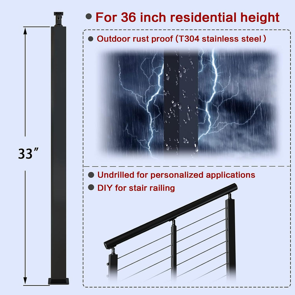 Black Stainless Steel Surface Mount Cable Railing Post 36"x2"x2" 2Pack B7872
