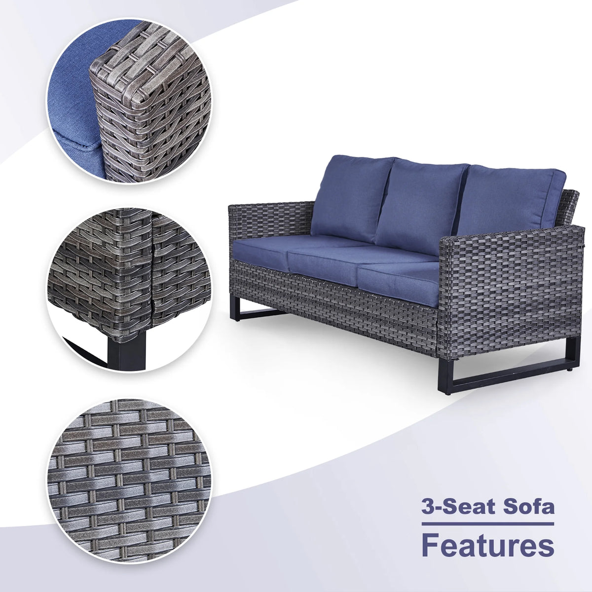 Blue Cushion Rattan Patio Furniture Set with Sofa, Chairs, Coffee Table and Ottomans R2093