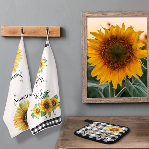 13 Pcs Bee Sunflower Kitchen Decor Set with Wooden Spoons, Kitchen Towels, Apron, Oven Mitts, Pot Holders L9778