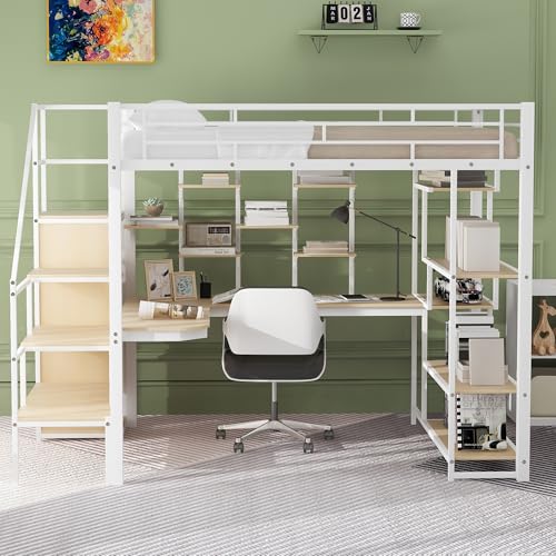 Black Full Size Metal Loft Bed with Storage Staircase and Wardrobe H329079