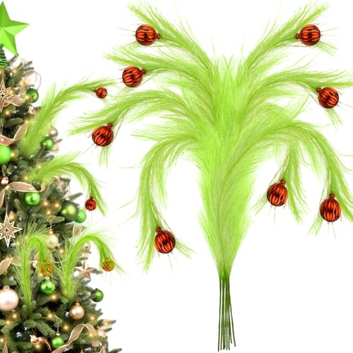 8Pcs Lime Green Fluffy Curly Christmas Tree Picks Decorations with Red Ball M561