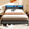 Gray Queen Size Metal Platform Bed Frame with Storage Headboard H88851