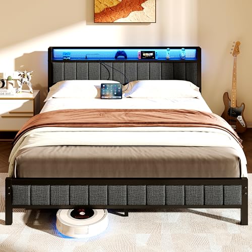 Gray Queen Size Metal Platform Bed Frame with Storage Headboard H88851