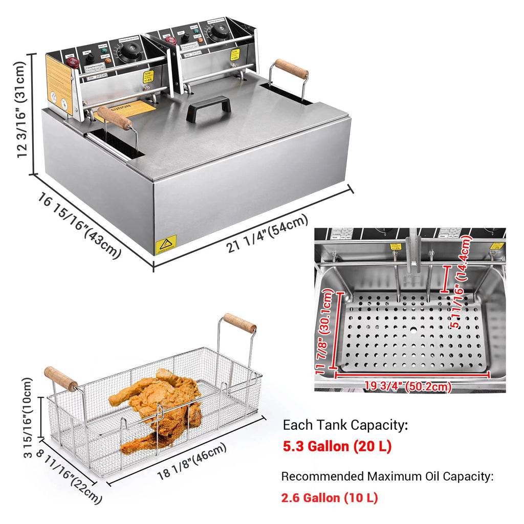 5000W 20L Electric Deep Fryer Stainless Steel Single Large Tank Basket Lid Z7411