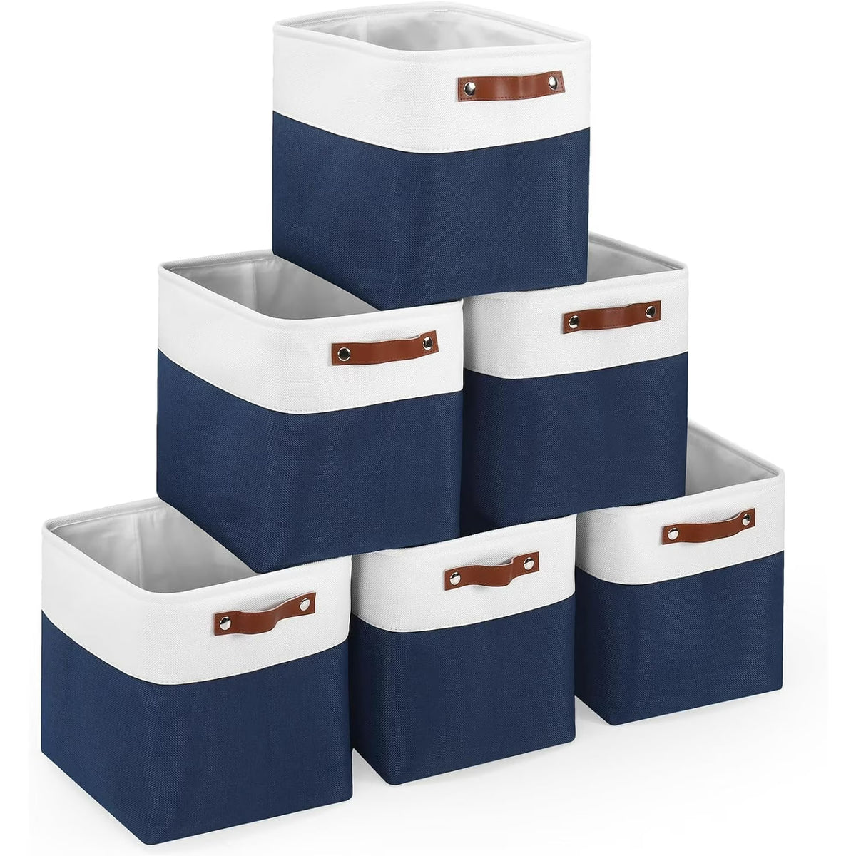 11x11 inch Foldable Cube Storage Bins with Leather Handles (White/ Blue) I78240