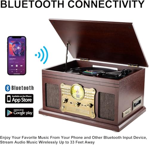 Mahogany Bluetooth Turntable with Speakers V7672
