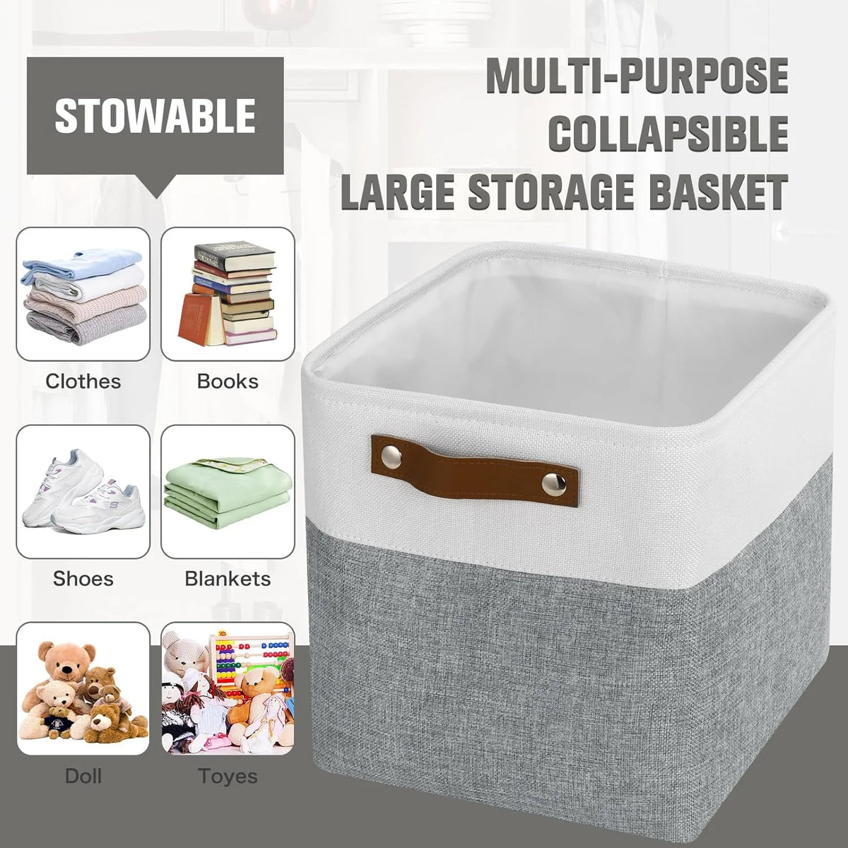 11x11 inch Foldable Cube Storage Bins with Leather Handles (White/ Blue) I78240