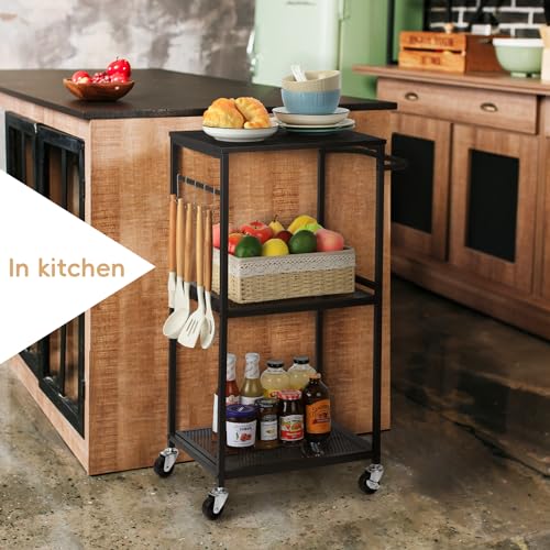 3 Tier Mesh Utility Storage Cart with Wood Look Top and Metal Frame W57149