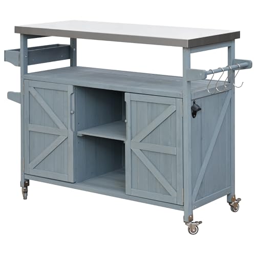Solid Wood Grill Table with Stainless Steel Top and Internal Storage Racks S812103