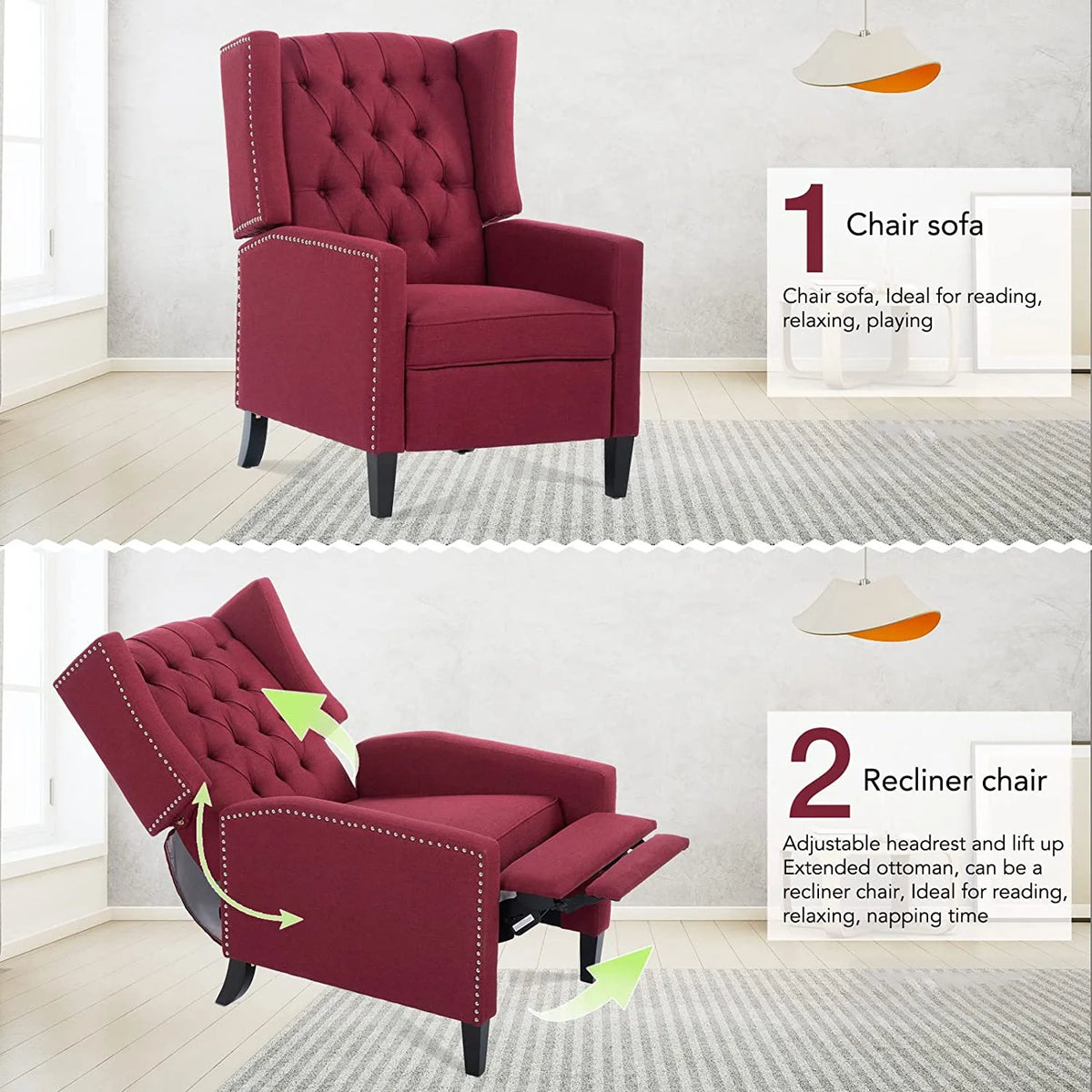 Blue Tufted Fabric Push Back Arm Recliner K228
