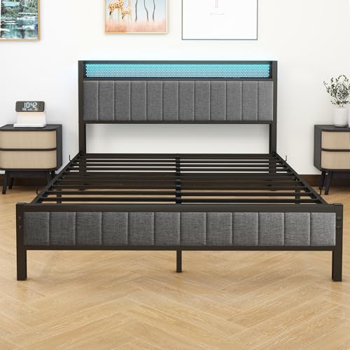 Gray Queen Size Metal Platform Bed Frame with Storage Headboard H88851