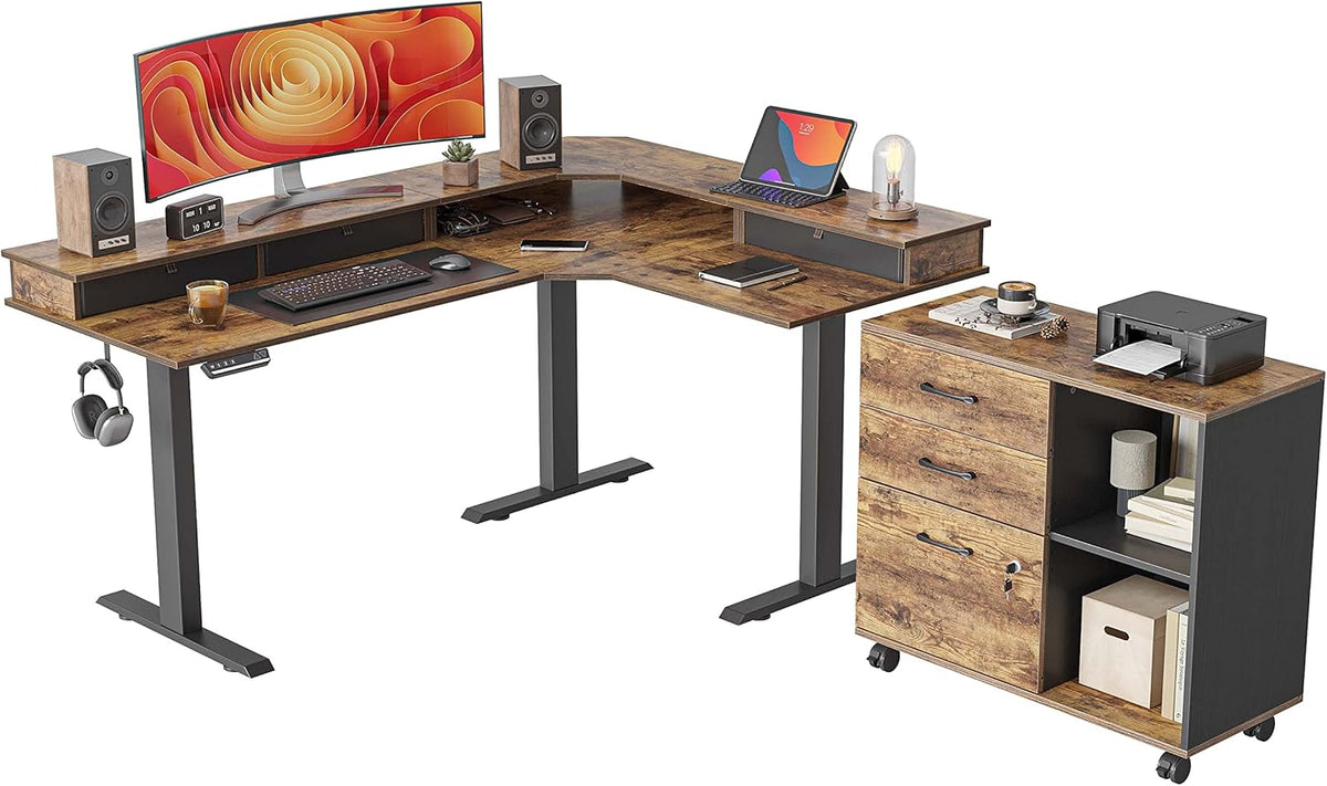 Triple Motor L-Shaped Electric Standing Desk with 3 Drawers, 63 x 24 Inches Rustic Brown Top/Black Frame X123