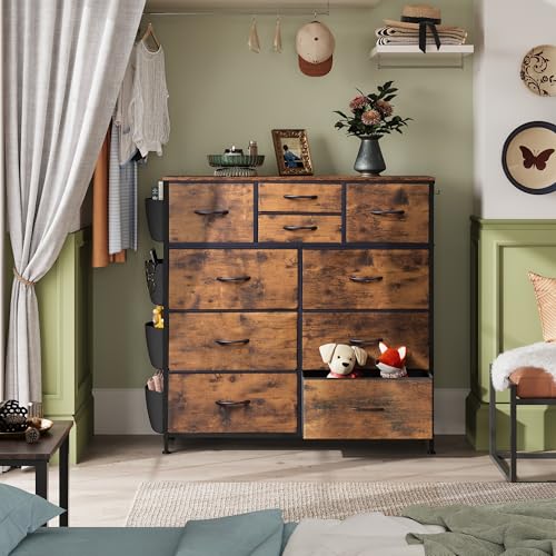Rustic Brown 10 Drawer Fabric Dresser with Metal Frame R98563