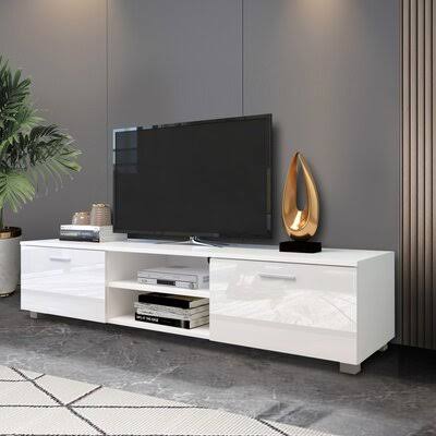 White TV Stand with Storage Cabinet and Open Shelves S6669