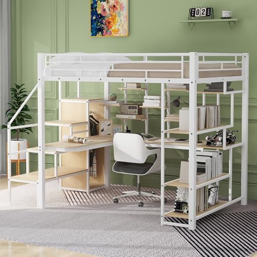 Black Full Size Metal Loft Bed with Storage Staircase and Wardrobe H329079
