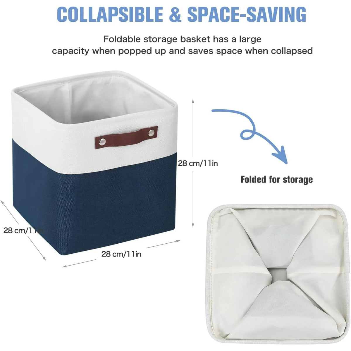 11x11 inch Foldable Cube Storage Bins with Leather Handles (White/ Blue) I78240